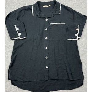 Soft Surroundings Embroidered Tunic Large Linen Blend 3/4 Sleeves Black Pocket